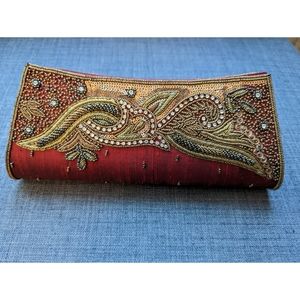 Red and gold embroidered clutch/ wristlet